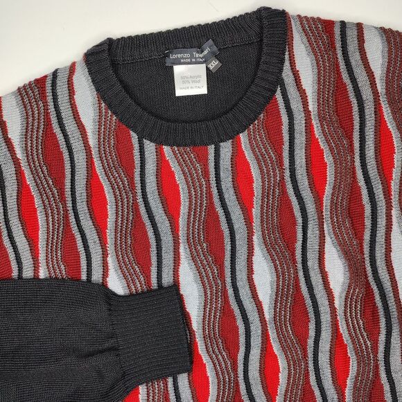 Lorenzo Tavernari Coogi Style Wool Acrylic Sweater XXL 3D Knit Cosby Red Black - Picture 3 of 6